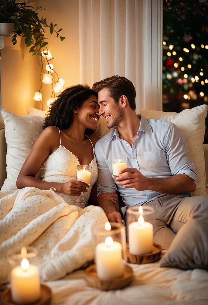A cozy candlelit scene depicting a couple sharing a laugh while gazing into each other's eyes, surrounded by heart-shaped decorations and soft pillows. Include warm colors and subtle romantic elements like flowers and dim fairy lights creating an intimate atmosphere. super-realistic. soft focus. vibrant colors.