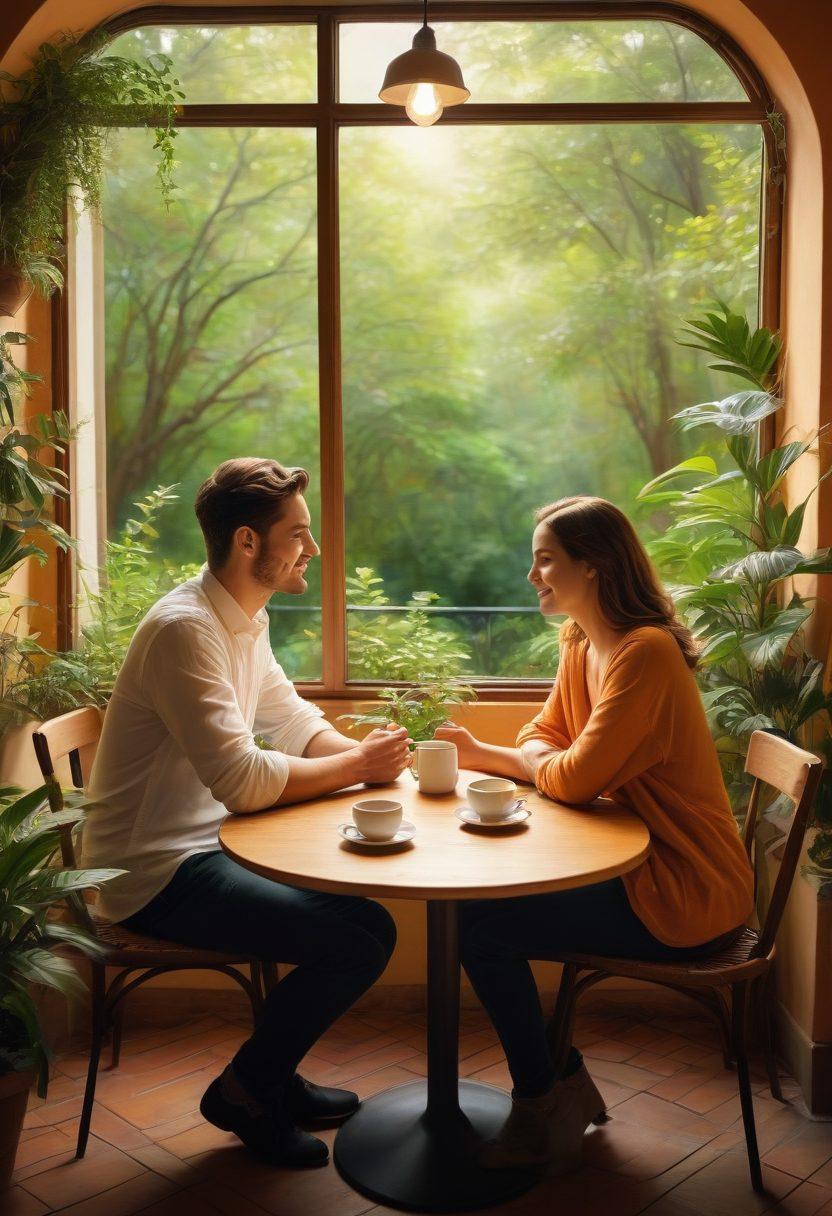 A romantic setting featuring two people engaged in a deep conversation at a cozy café, surrounded by lush green plants and soft lighting. Illustrate them with expressive body language and smiles, symbolizing connection and understanding. Include subtle elements like a heart-shaped table and a steaming cup of coffee to evoke intimacy. The background should suggest warmth and support, perhaps with abstract representations of relationship dynamics. vibrant colors. cozy atmosphere. painting.